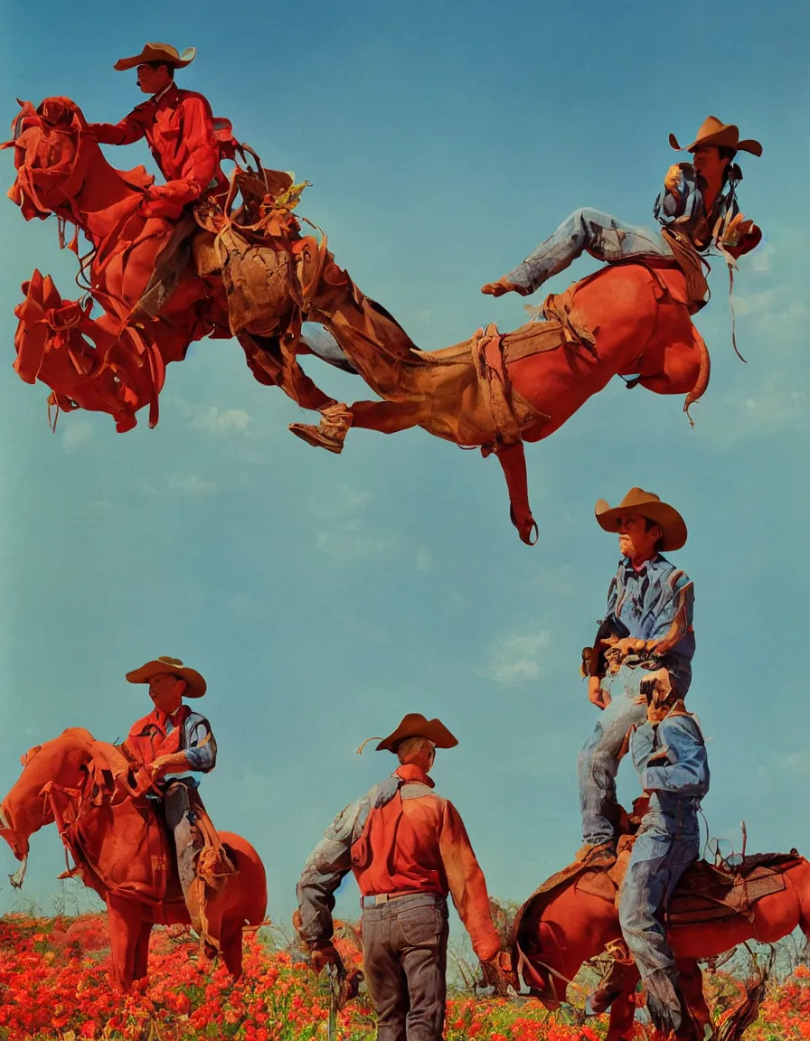 Image similar to a cowboy turning into blooms by slim aarons, by zhang kechun, by lynda benglis. tropical sea slugs, angular sharp tractor tires. complementary colors. warm soft volumetric light. national geographic. 8 k, rendered in octane, smooth gradients. manly cowboy riding by edward hopper and frank frazetta. red accents.