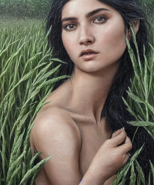Prompt: Hyper realistic detailed painting of a Paludnitsa! (in a lush wheat crop). Perfect face, black hair, beautiful!, white dress, melancholic!!, dreamlike, highly detailed, sharp focus, digital painting, art by Eddie Mendoza, detailed and intricate environment, highly detailed, award winning art.