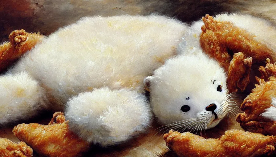 Image similar to highly detailed painting of cute furry white baby seals cuddling up in a big pile of fried chicken by william turner, thick brush strokes and visible paint layers, 4 k resolution