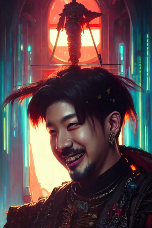 Image similar to painting of got 7 bam bam cyberpunk samurai smiling, ultra realistic, concept art, intricate details, eerie, highly detailed, photorealistic, octane render, 8 k, unreal engine. art by artgerm and greg rutkowski and magali villeneuve and alphonse mucha