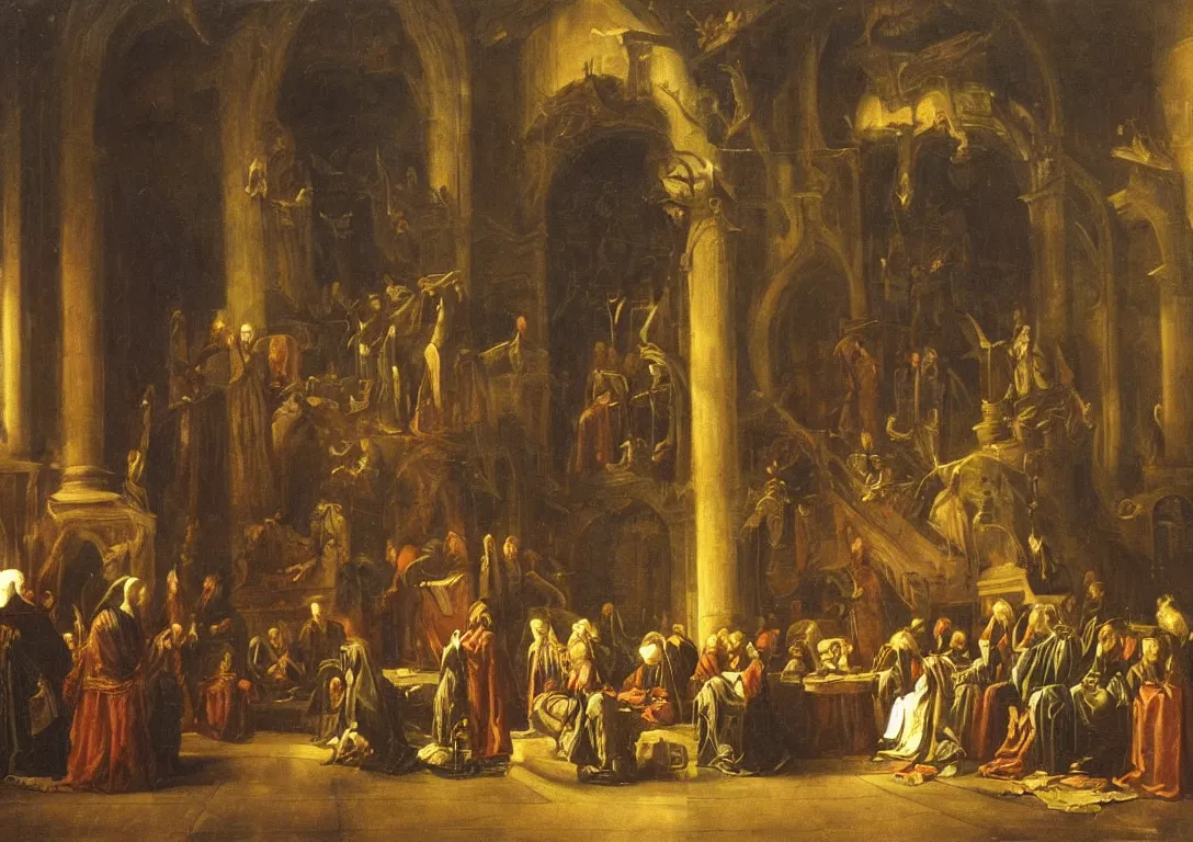Image similar to meeting of the high council of wizards, atmospheric, illustration, dramatic, moody, lighting, oil on canvas painting, baroque