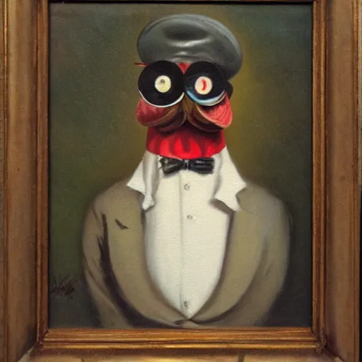 Image similar to a chicken butler with a fancy mustache and a monocle, highly detail, oil painting , accurate anatomy,