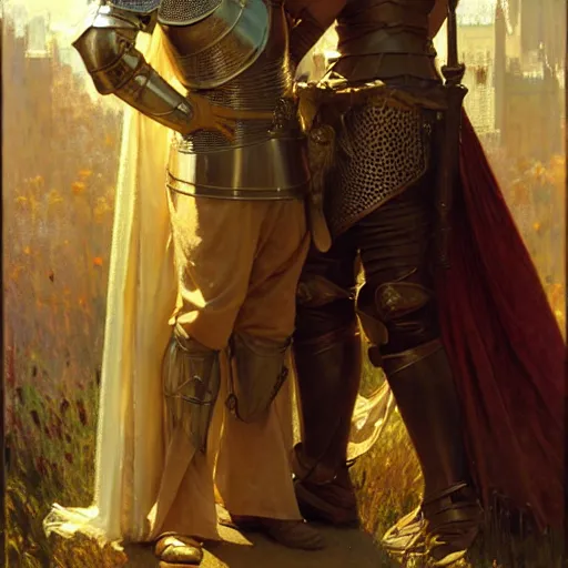 Image similar to attractive arthur pendragon and his attractive male knight, they are in love, natural lighting, path traced, highly detailed, high quality, digital painting, by gaston bussiere, craig mullins, alphonse mucha j. c. leyendecker