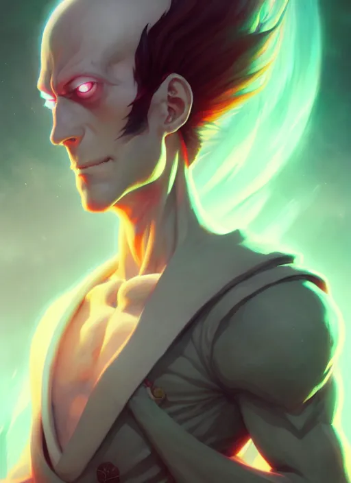 Image similar to handsome saitama, dark, anime, peter mohrbacher, path traced, half body shot, kelly mckernan, alfonso mucha, cinematic, concept artbook, artstation, video game, pixar, unreal engine, 8 k