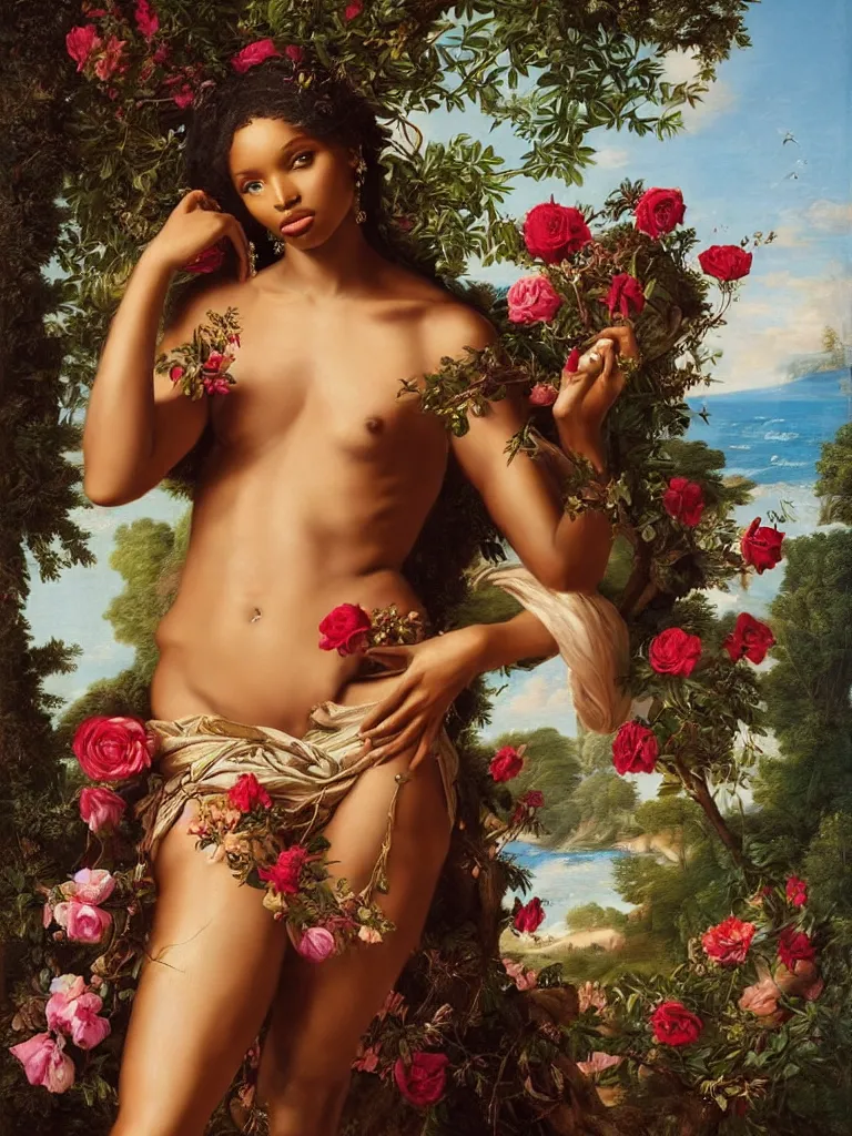 Image similar to regal portrait of jasmine tookes as aphrodite, goddess of love : : the birth of venus : : background of roses, myrtle, doves : : rococo, academicism