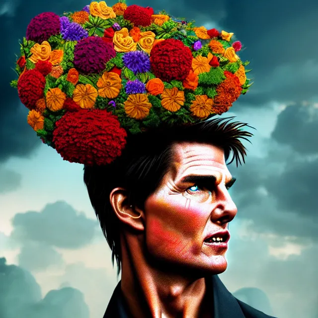Image similar to bizarre surreal renaissance portrait of tom cruise with a a flower afro made out of various flowers, dramatic cinematic lighting, bold colors, 8 k, beautiful intricate painting, hyper realistic, octane render