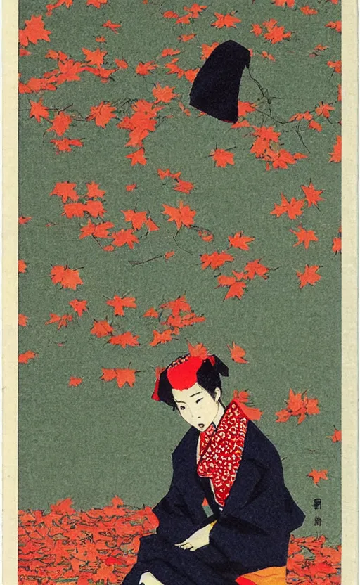 Prompt: by akio watanabe, manga art, a sit girl looking at the falling maple leafs, trading card front, kimono, realistic anatomy