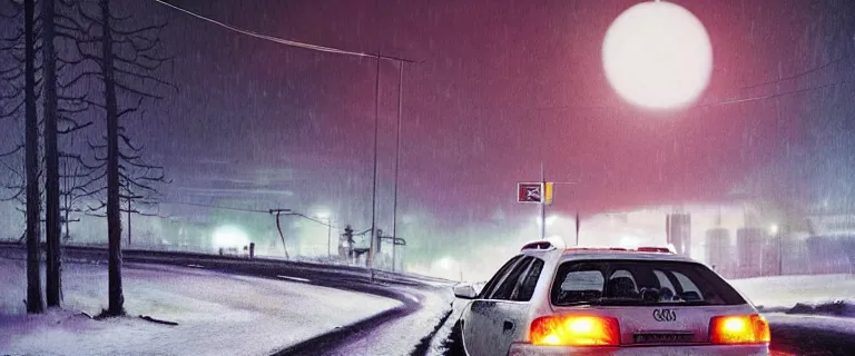Prompt: Audi A4 B6 Avant (2002), a gritty neo-noir, dramatic bright lighting, cinematic, establishing shot, extremely high detail, photorealistic, cinematic lighting, artstation, by simon stalenhag, Snowy finnish road, At night, Poets of the Fall - Late Goodbye
