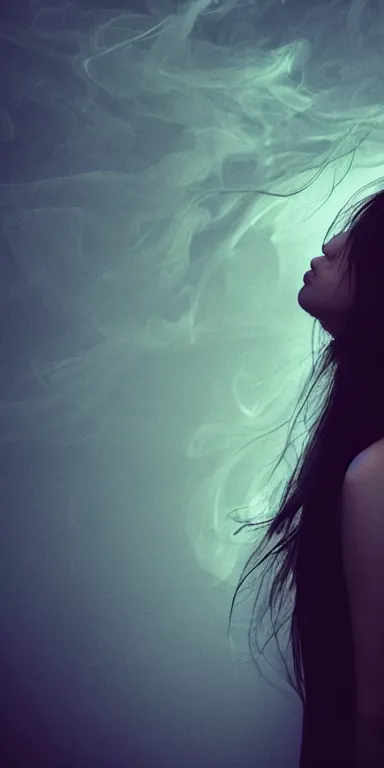 Prompt: dark background, light paint, candid!! long abstract paint portrait of a very very beautiful! young filipino woman with very narrow face, closed eyes and flowing long hair, swirling dreamy smoke and fog is coming from her mouth, face partially obscured, by conrad roset, abstract background, dramatic lighting, minimal art, trending on artstation