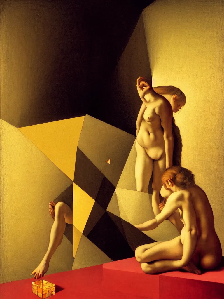 Image similar to hyperrealistic still life portrait of feminine mind contemplating itself inside of a serene temple, beautiful plans, sacred geometry, light refracting through prisms in a tesseract, by caravaggio, botanical print, surrealism, vivid colors, serene, golden ratio, rule of thirds, negative space, minimalist composition, in the style of james turrell, surrealism