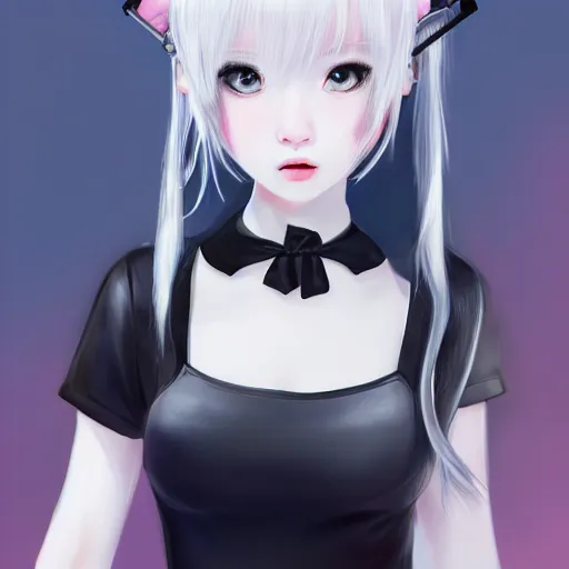 Prompt: realistic detailed semirealism beautiful gorgeous cute Blackpink Lalisa Manoban white hair white cat ears blue eyes, wearing black camisole maid outfit, headphones, black leather choker full HD 4K high resolution quality WLOP, Aztodio, Taejune Kim, Guweiz, Pixiv, Instagram, Artstation