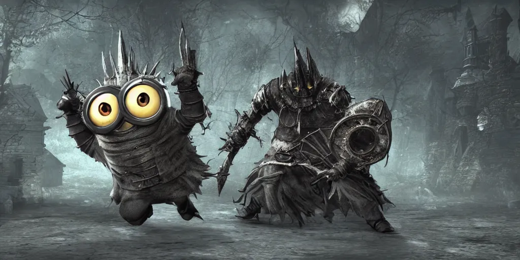 Image similar to minion as a darksouls boss, horror, hd, screenshot,