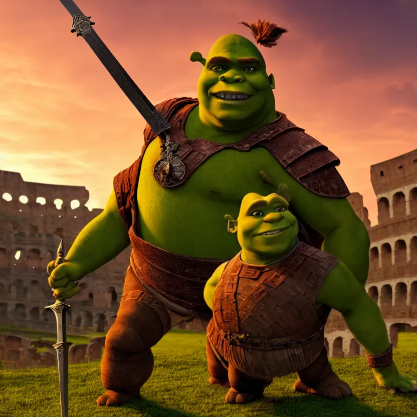 Image similar to shrek as a gladiator holding a sword, roman colosseum, sunset, cinematic lighting, volumetric lighting, award winning photography, highly detailed, intricate, sharp focus, 4 k wallpaper, unreal engine, 9 0 mm, f / 1. 4