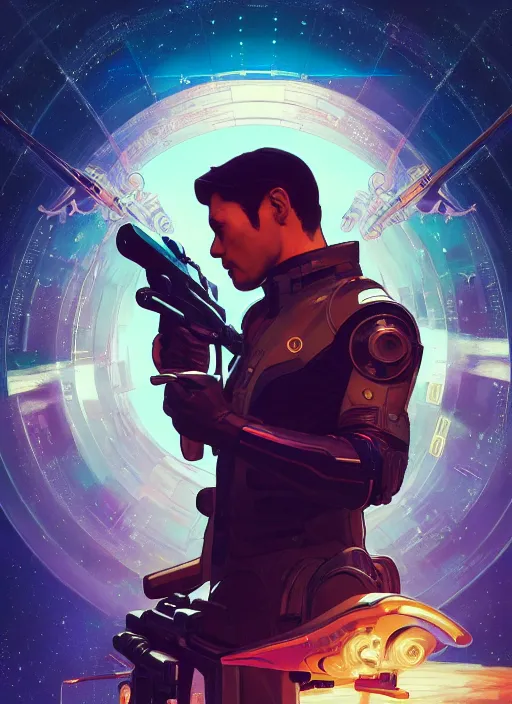 Prompt: side profile centered portrait, man with a gun, a spaceship in the background, by artgerm, cushart krenz, miles johnstone, storyboard,, frames, west world show, mucha. art nouveau. gloomhaven, swirly vibrant ripples, gaudy colors, sharp edges. poster, 8 k. elegant, intricate, octane render