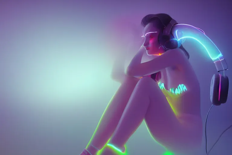 Image similar to a cute girl wearing headphones sitting on a cloud relaxing, misty, glows, digital art, hazy, foggy, red lighting, ambient lighting, 8 k, neon, synthwave, cyberpunk,