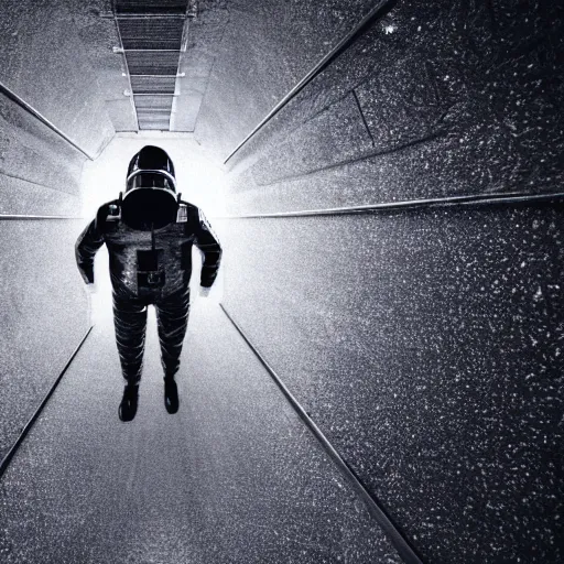 Prompt: mysterious man in silver space suit, walking on an industrial catwalk with stairs that lead nowhere, floating in deep space with a black background, photograph, wide angle