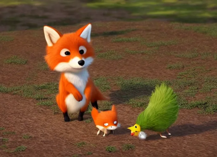 Prompt: A cute fox caught a chicken in his mouth, 3D pixar animation, 4k