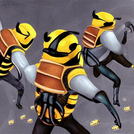 Image similar to a team of bee ninjas, hyperrealistic, digital art, 4 k