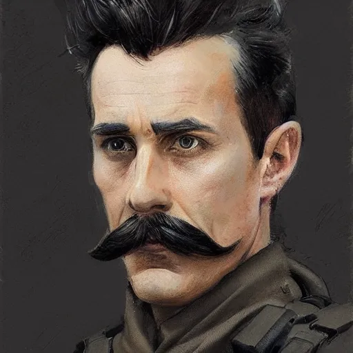 Image similar to portrait of a man by greg rutkowski, british features, short black hair in military style, moustache, perfect military composure, wearing gray imperial captain uniform, star wars expanded universe, he is about 4 0 years old, highly detailed portrait, digital painting, artstation, concept art, smooth, sharp foccus ilustration, artstation hq