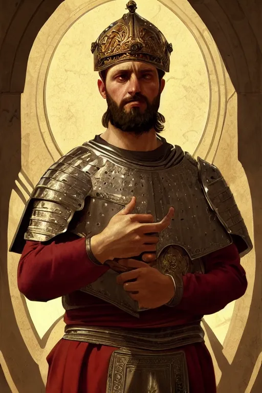 Prompt: medieval rome emperor, realistic portrait full body, symmetrical, highly detailed, digital painting, artstation, concept art, smooth, sharp focus, illustration, cinematic lighting, art by artgerm and greg rutkowski and alphonse mucha