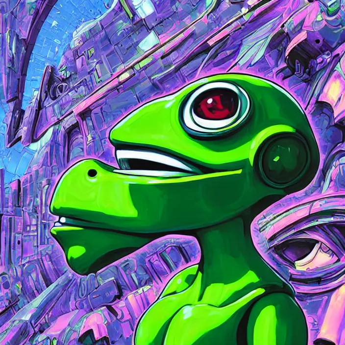 Image similar to pepe the frog, plug suit rei ayanami plug suit radially symmetric alien megastructure turbulent bismuth glitchart atmospheric cinematic environmental architectural design john berkey potrait sculpture of gigantic head surround