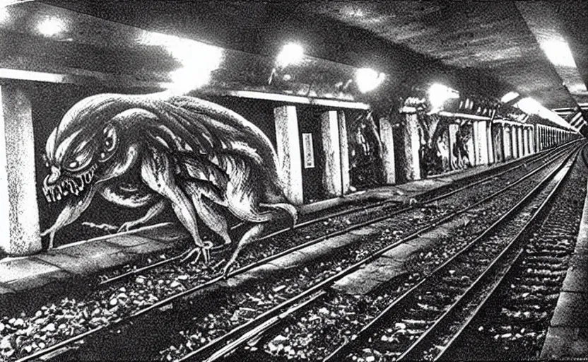 Prompt: very large giant mutant zombie irradiated ( angry rat ) staying on railways in tonnel of moscow subway. tonnel, railways, giant angry rat, furr, fangs, claws, very realistic. extreme long shot, wide angle, herman nitsch and herman nitsch, giger.