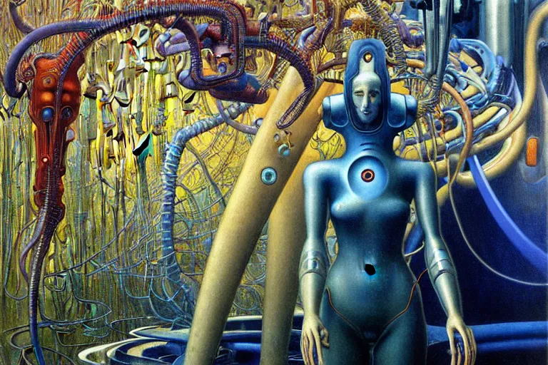 Prompt: realistic extremely detailed portrait painting of an anthropomorphic supercomputer robot, futuristic sci-fi landscape on background by Jean Delville, Amano, Yves Tanguy, Alphonse Mucha, Ernst Haeckel, Edward Robert Hughes, Roger Dean, rich moody colours, blue eyes