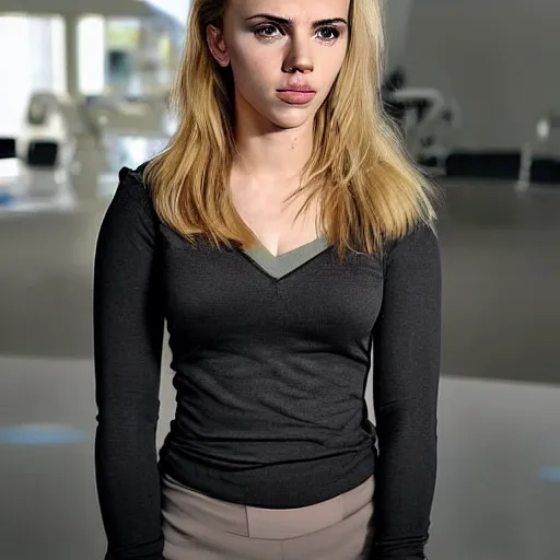 Image similar to a woman who is a genetic combination of scarlett johansson and emma watson face and upper - body focus