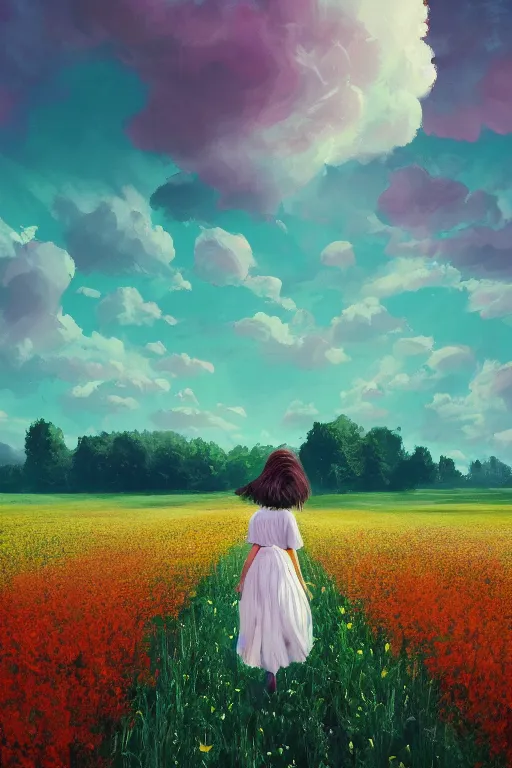 Image similar to giant white flower head, girl walking in a flower field, surreal photography, sunrise, dramatic light, impressionist painting, colorful clouds, digital painting, artstation, simon stalenhag