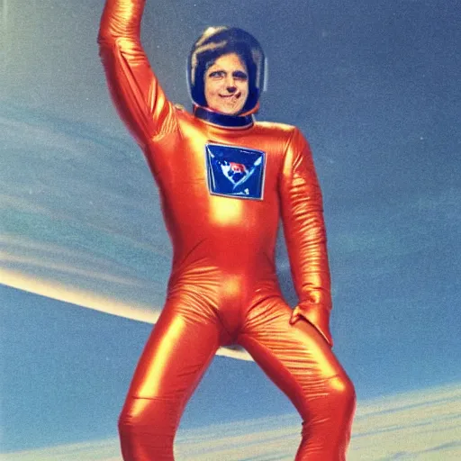 Prompt: 1 9 8 0's album art, an ultra muscular veiny man in a skintight buck rodgers style astronaut latex suit, inside the beautiful palace of a beautiful space princess, cinematic angles, beautifully lit