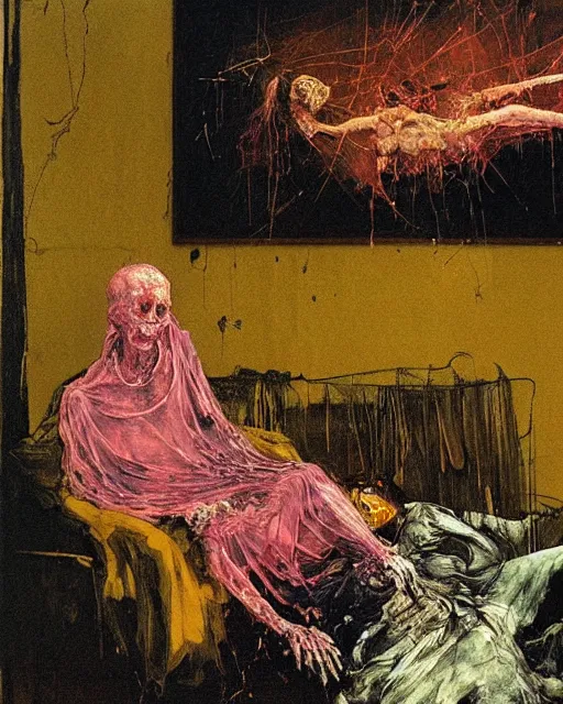 Prompt: an old dead couple sitting on a couch in a messy living room in an old apartment watching the televison on fire,  Francisco Goya and Francis Bacon painting, part by Beksiński and EdvardMunch. art by Harry Clarke and Peter Mohrbacher, Francis Bacon masterpiece