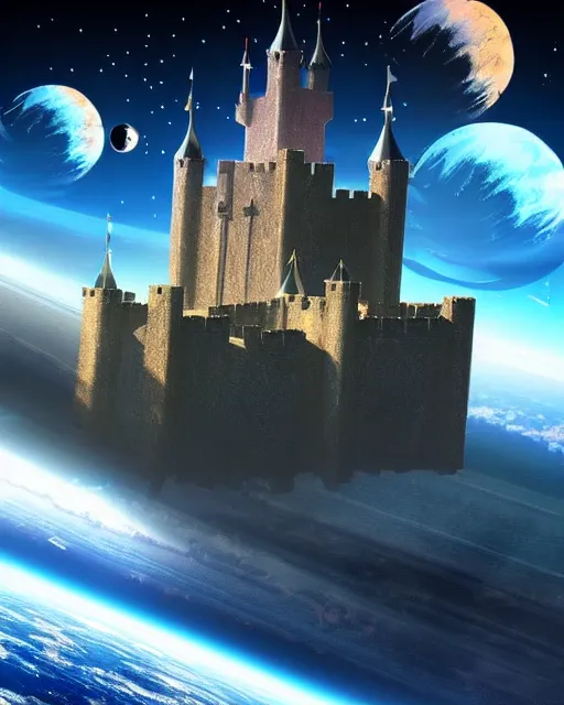 Medieval Castle Floating In Space, Bustling Space 