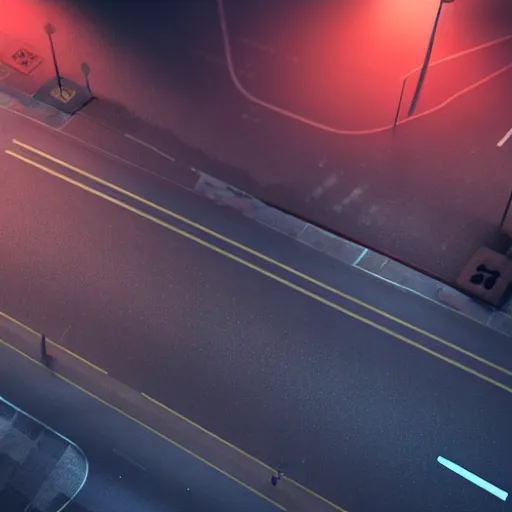 Prompt: A stunningly beautiful award-winning 8K high angle from 2nd floor cinematic movie photograph looking down diagonally across a spooky dark very foggy empty lightless main street intersection in an abandoned 1950s small town at night. perfect composition, moody low key. Color palette from Seven, greens yellows and reds. 2 point perspective. Octane render