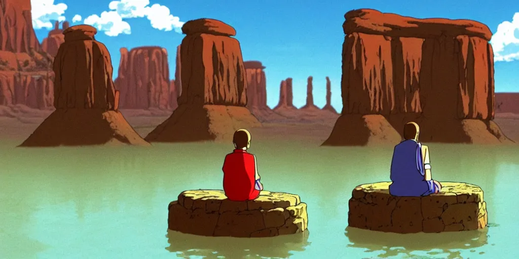 Image similar to a realistic cell - shaded studio ghibli concept art from paprika ( 2 0 0 6 ) of a monk meditating and a small mammoth from close encounters of the third kind ( 1 9 7 7 ) in a flooded monument valley stonehenge. very dull colors, wide shot, hd, 4 k, hq