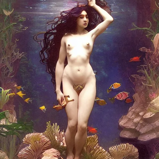 Image similar to mermaid trapped in an aquarium, intricate, art by artgerm and greg rutkowski and alphonse mucha and william - adolphe bouguereau, high detailed, 4 k,