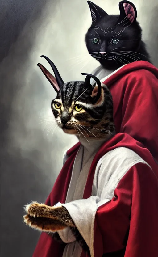 Image similar to a bipedal cat that has goat horns, anthropomorphic cat that is wearing robes, oil painting, by diego velazquez, dnd, character reveal, cosmic, magical, fog, noble, full body portrait, intricate, extremely detailed, cult, ritual, 4 k, 8 k