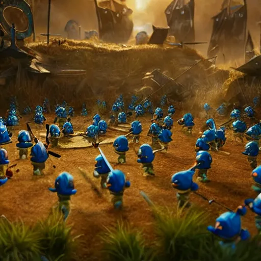 Image similar to thousands of smurfs with medieval weapons battling on an epic battlefield with medieval, moon shining golden light, miniaturecore, supremely digital, medieval, pixar render, super detailed, outstanding detail, dreamlike lighting, god rays