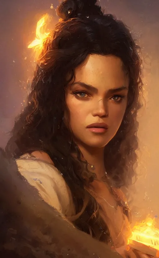 Image similar to Portrait of a Esmeralda (from Disney), female, detailed face, fantasy, highly detailed, cinematic lighting, digital art painting by greg rutkowski