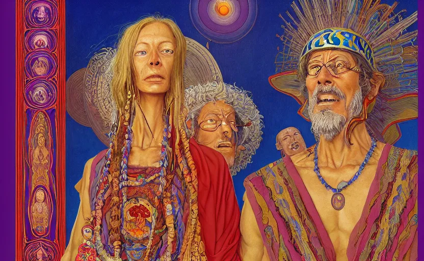 Image similar to an astonishing and hilarious jean giraud work of art of sasha and anne shulgin in the style of a renaissance masters portrait, mystical and new age symbolism and tibetan book of the dead imagery, intricately detailed, chemisty theme, 4 k