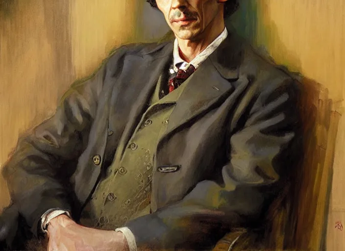 Prompt: a highly detailed beautiful portrait of sherlock holmes, by gregory manchess, james gurney, james jean