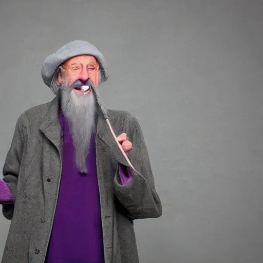 Image similar to an old bald mad wizard with bushy grey eyebrows, long grey hair and wearing a grey wizard hat, disheveled, wise old man, wearing a purple detailed coat, a bushy grey beard, sorcerer, he is yelling and laughing