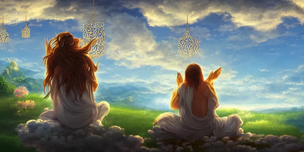 Image similar to painting of wind god enjoying the view from his heavenly palace, decorated with windchimes and paper lanterns, nature and clouds in background, digital art, trending on artstation