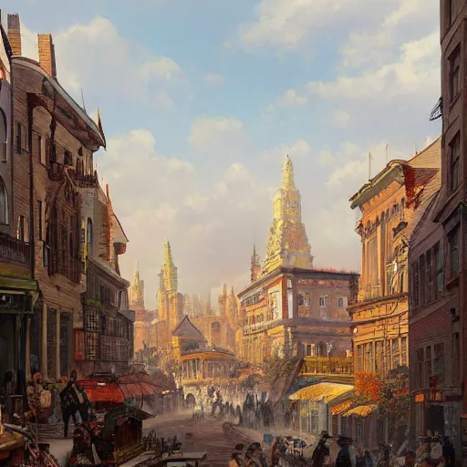 Prompt: beautiful color painting of a cityscape of an 1 8 0 0 s busy city, highly detailed, trending on artstation