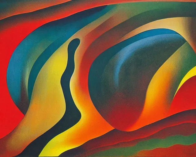 Prompt: An insane, modernist landscape painting. Wild energy patterns rippling in all directions. Curves, organic, zig-zags. Saturated color. Mountains. Clouds. Rushing water. Georgia O'Keeffe. Zao Wou-ki. Dali.
