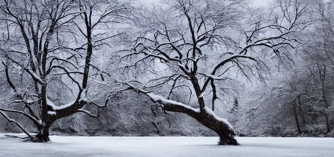 Prompt: landscape of a river, big tree, snow on the tree, photorealistic, hd,