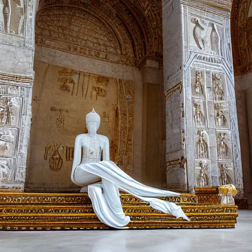 Prompt: a breathtakingly gorgeous albino Senegalese queen seated on her golden throne in the royal hall in the year 8794, afrofuturism, a massive grand staircase of marble behind her, on the crystal walls are ancient and revered hieroglyphics
