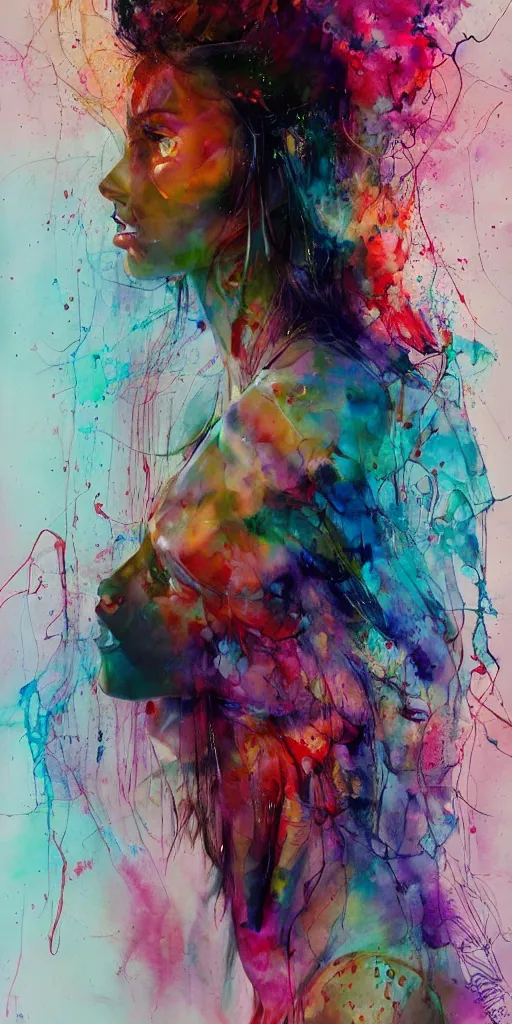 Image similar to adriana lima by agnes cecile enki bilal moebius, intricated details, sitting on a stool, full body portrait, extremely luminous bright design, pastel colours, drips, autumn lights