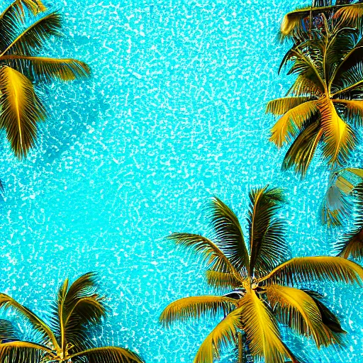 Prompt: close up aerial view photo of a sparkling swimming pool with palm tree leaves on the edges, pastel faded effect, synthwave colors, 8K