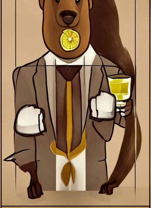 Image similar to squirrel anthro as a dapper bartender in a suit and tie, detailed art deco painterly art style 🐿🍸🍋, furaffinity, trending on artstation