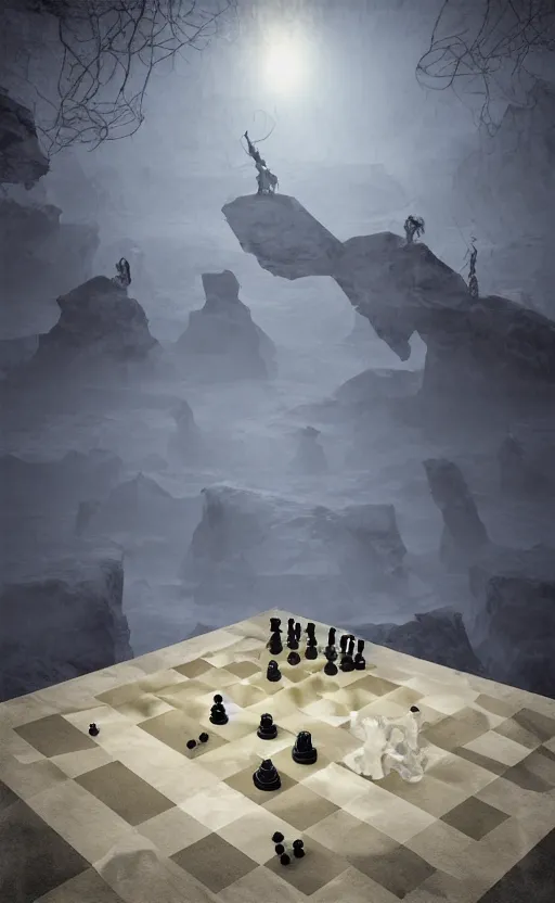 Image similar to surreal dali chess landscape, volumetric lighting, early morning, 3d liminal grainy surreal aesthetic illustration, highly detailed, soft render